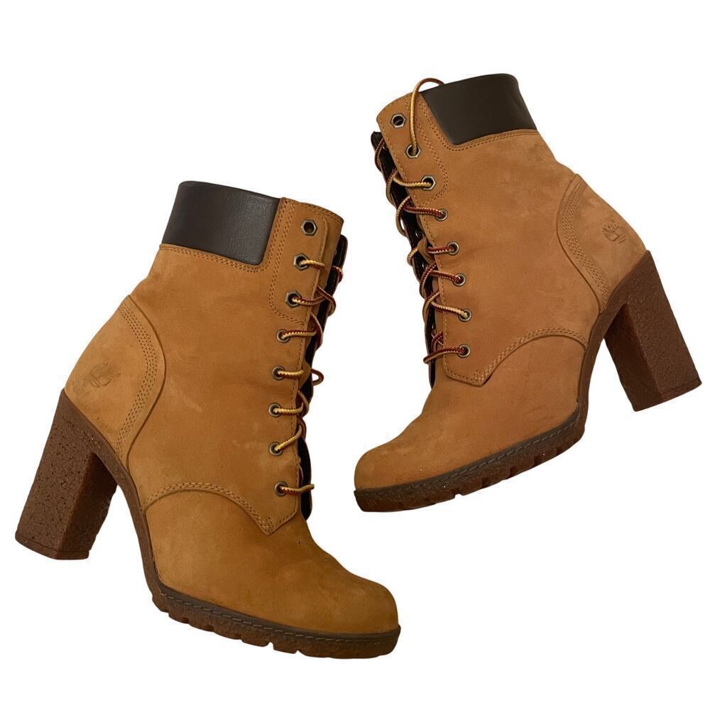 Timberland Lace-Up Heeled Boots | Wheat Nubuck, Stacked Heel, 7 - Picture 3 of 10